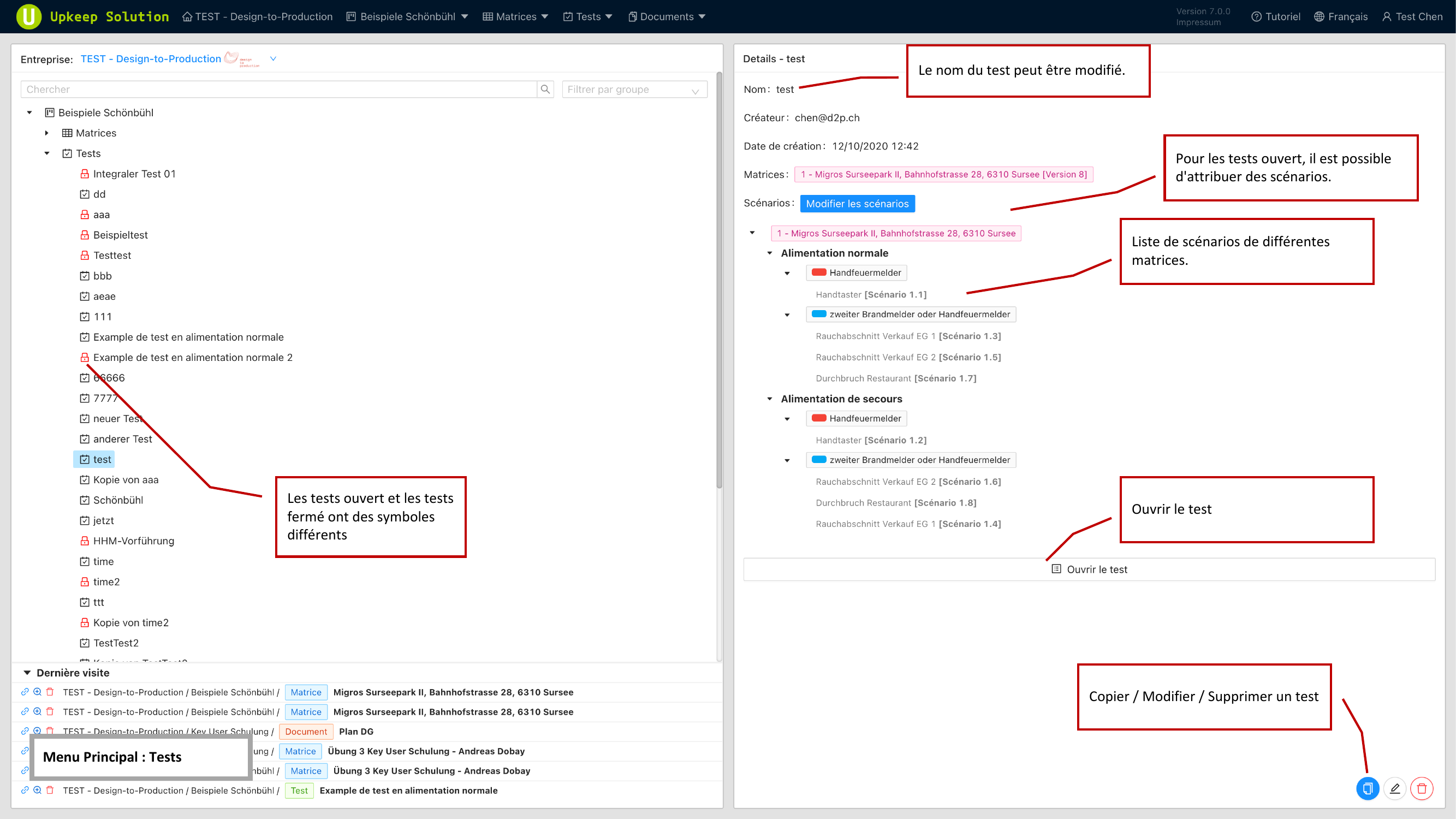 Arborescence des tests dans le menu principal